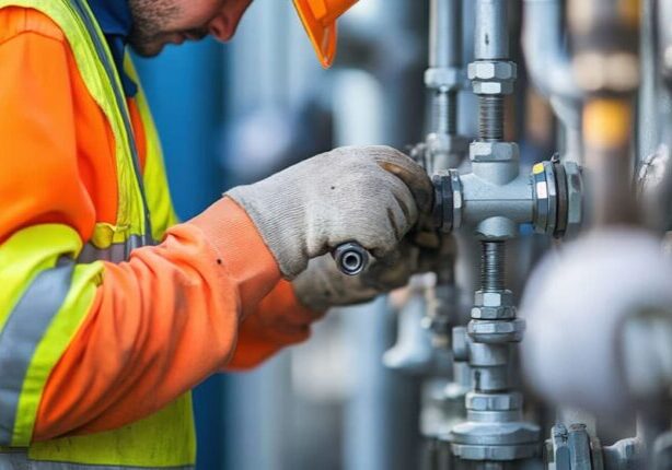 Service worker working on industry air compressor
